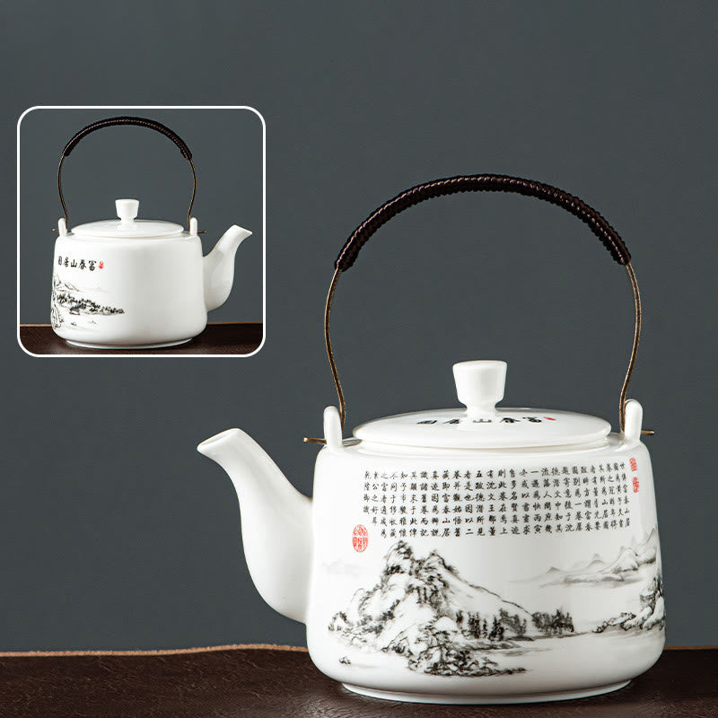 Vintage Dragon Mountain Fisherman Landscape White Porcelain Ceramic Kung Fu Teapot