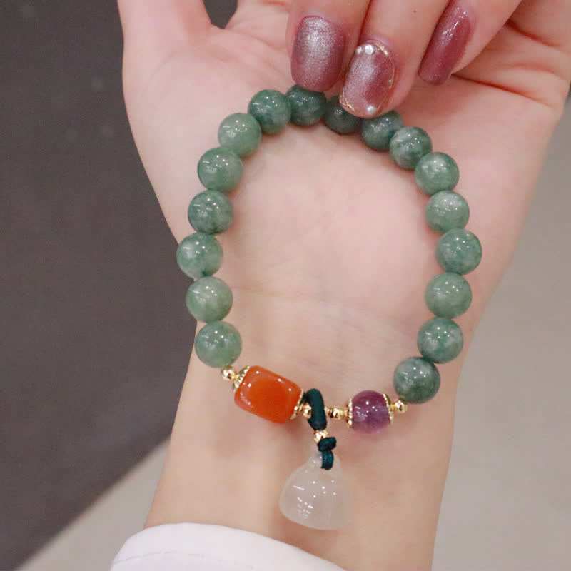 Cyan Jade, Golden Silk Jade & Amethyst Crystal Bracelet with Chalcedony & Energetic Styles