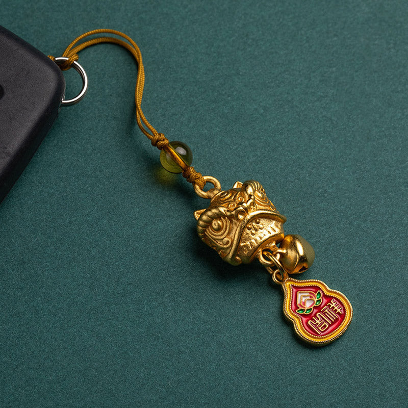 Dancing Guardian Lion Brass Copper Phone Charm with Ping An Kou & Ruyi Symbols