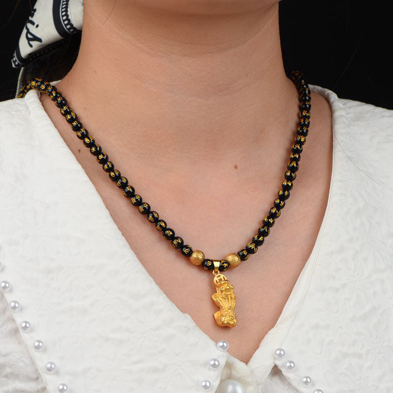 Grounding Black Onyx and Obsidian Om Mani Padme Hum Pixiu Pendant Necklace