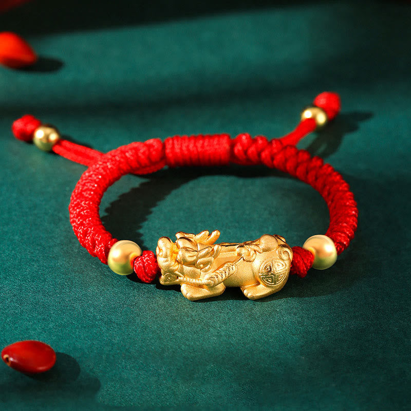 999 Sterling Silver Pixiu Red String Braided Vajra Knot Bracelet for Kids