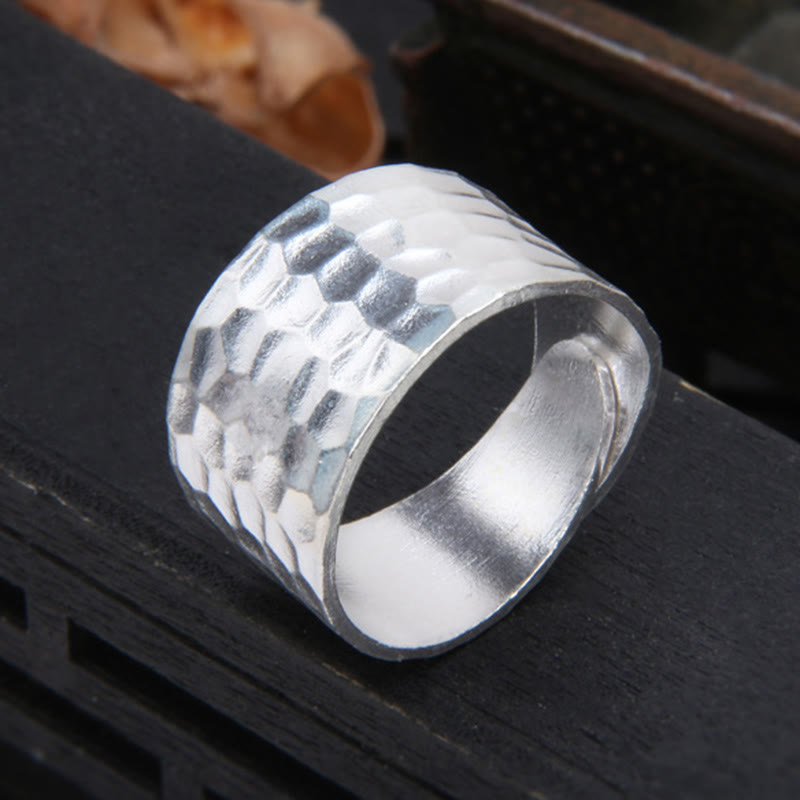 Tibetan 990 Sterling Silver Handmade Rustic Hammered Pattern Ring