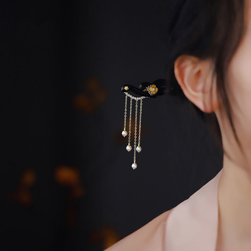 Ebony Wood Yellow Flower Pearl Tassels Hairpin