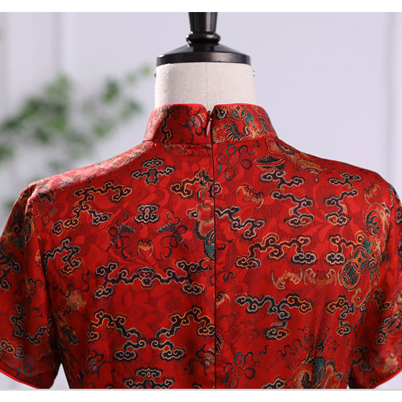 Vintage Auspicious Clouds Leaf Print Cheongsam Dress Women's Qipao Dress