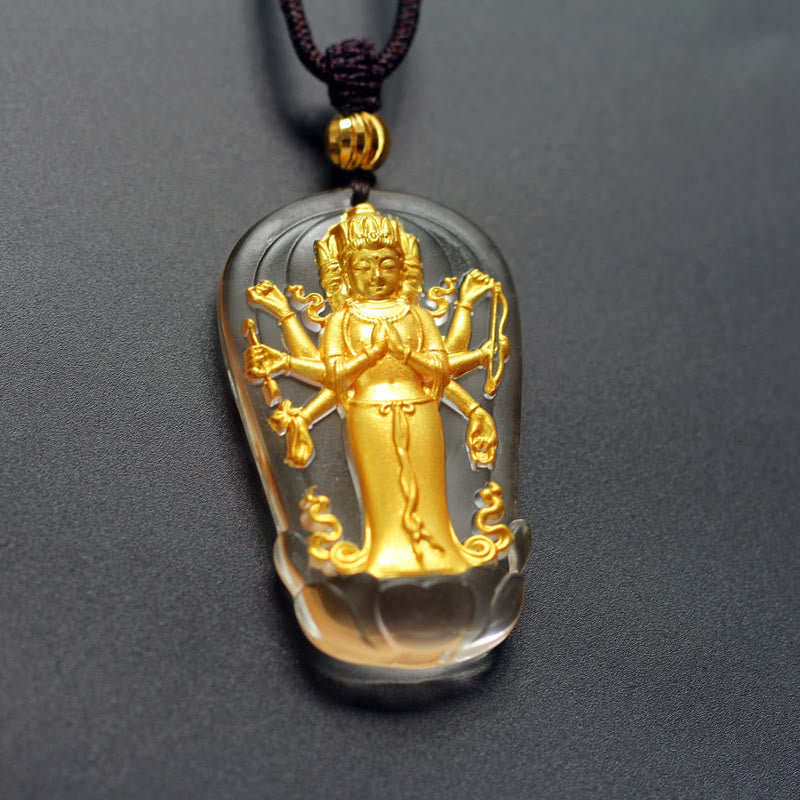 Tibetan Eight-armed Avalokitesvara Guanyin Buddha Gold Plated Liuli Crystal Wealth Necklace Pendant
