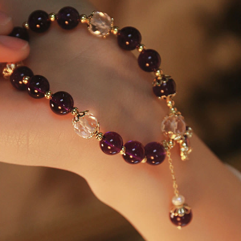 14k Gold Plated Natural Amethyst Maple Leaf Charm Bracelet