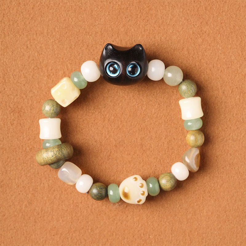 Bodhi Seed Green Sandalwood Ebony Wood Small Leaf Red Sandalwood Cat Head Paw Claw Peace Bracelet