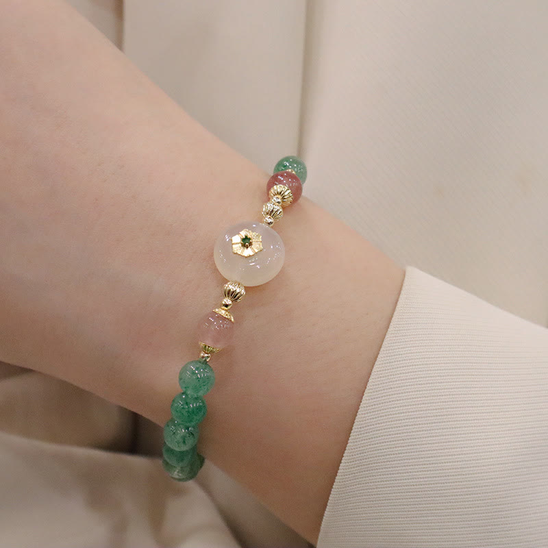 Natural Green Strawberry Quartz and Chalcedony Flower Beaded Bracelet