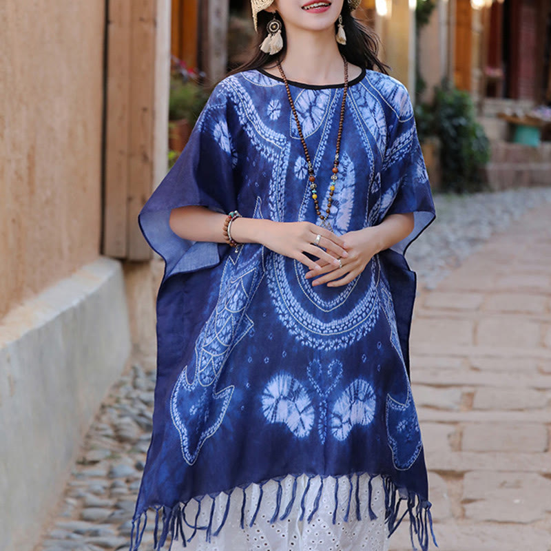 Blue Geometric Batik Draped Travel Meditation Shawl