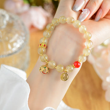 Natural Golden Rutilated Quartz Bracelet with Fu Character Charm and Ritual Bell