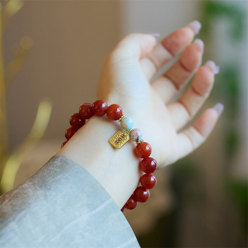 Natural Red Agate & Shoushan Stone Dragon Fu Charm Peace Talisman Bracelet