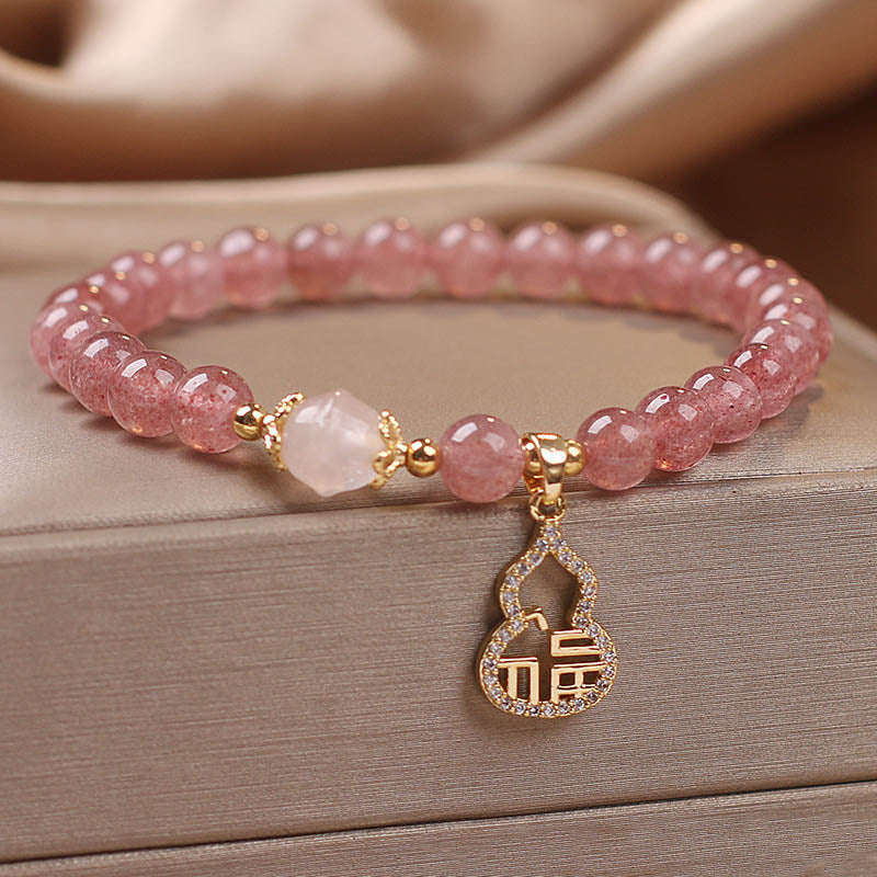 Strawberry Quartz Gourd Fu Character Charm Positive Bracelet