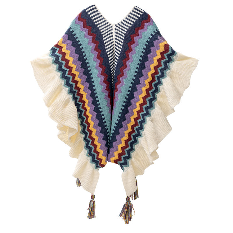 Tibetan Shawl Colorful Striped Wavy Line Tassels Winter Cozy Travel Scarf Wrap