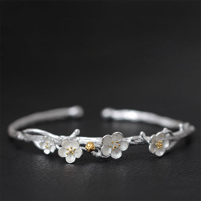 925 Sterling Silver Plum Flower Blessing Bracelet Adjustable Bangle