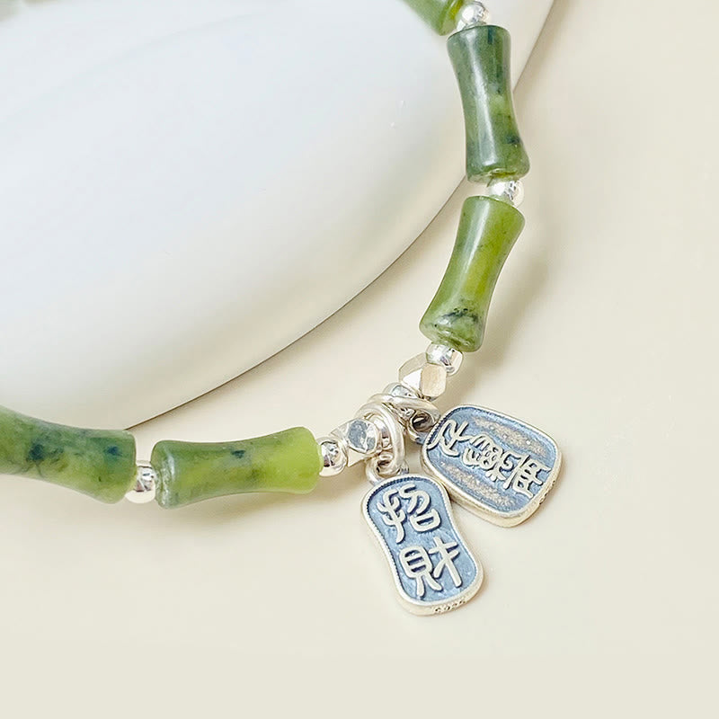 925 Sterling Silver Bamboo Jade Lucky Cat Fu Character Luck Abundance Bracelet