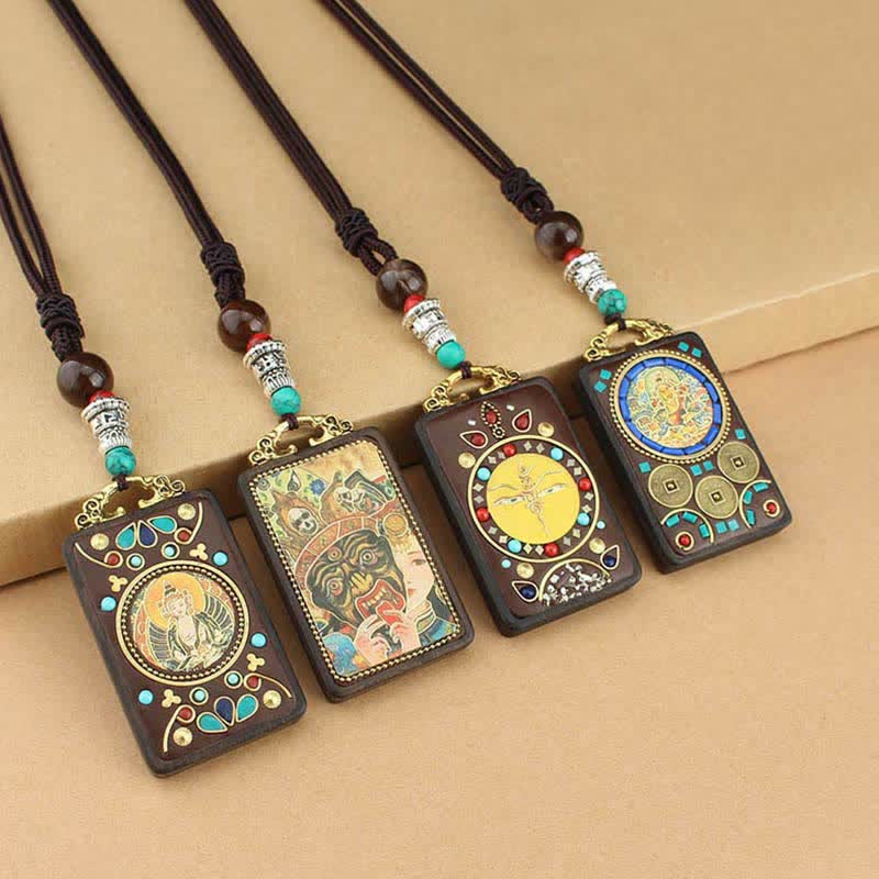 Tibet God of Wealth Thangka Ebony Peace Necklace Pendant