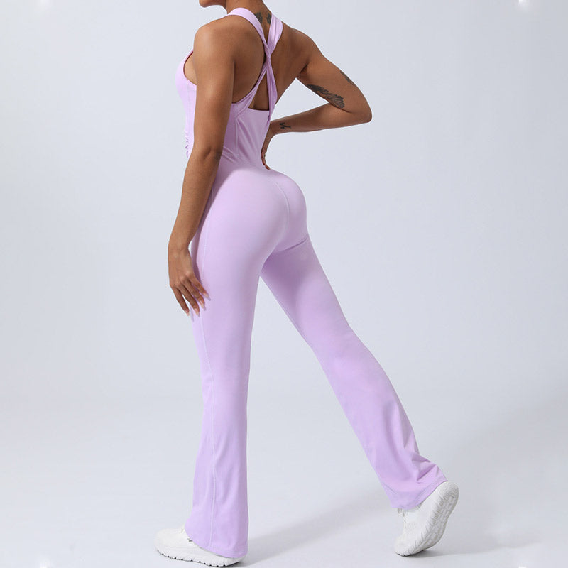 Women Workout Crisscross Sleeveless Flare Jumpsuit Sports Fitness Yoga Bodysuit