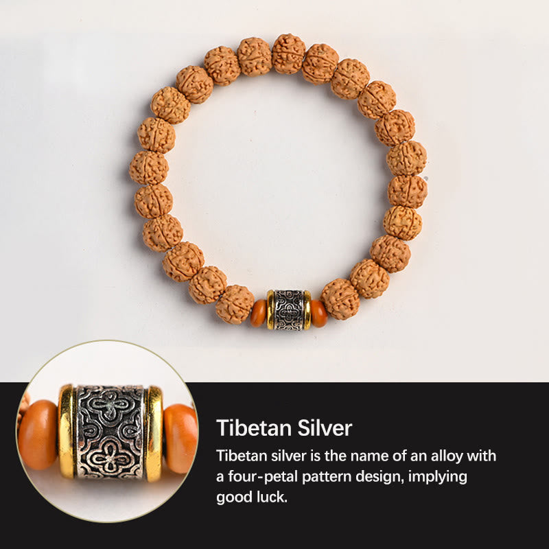 Tibetan Rudraksha & Bodhi Seed Bracelet with Hetian Jade and Gold Sheen Obsidian