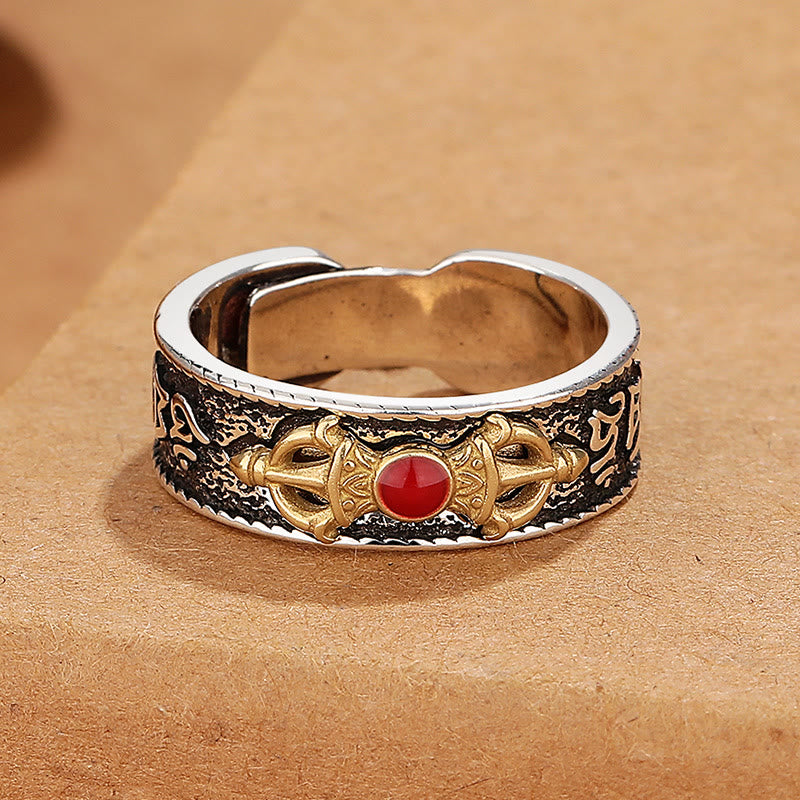 Tibetan Om Mani Padme Hum Red Agate Dorje Vajra Design Wisdom Ring