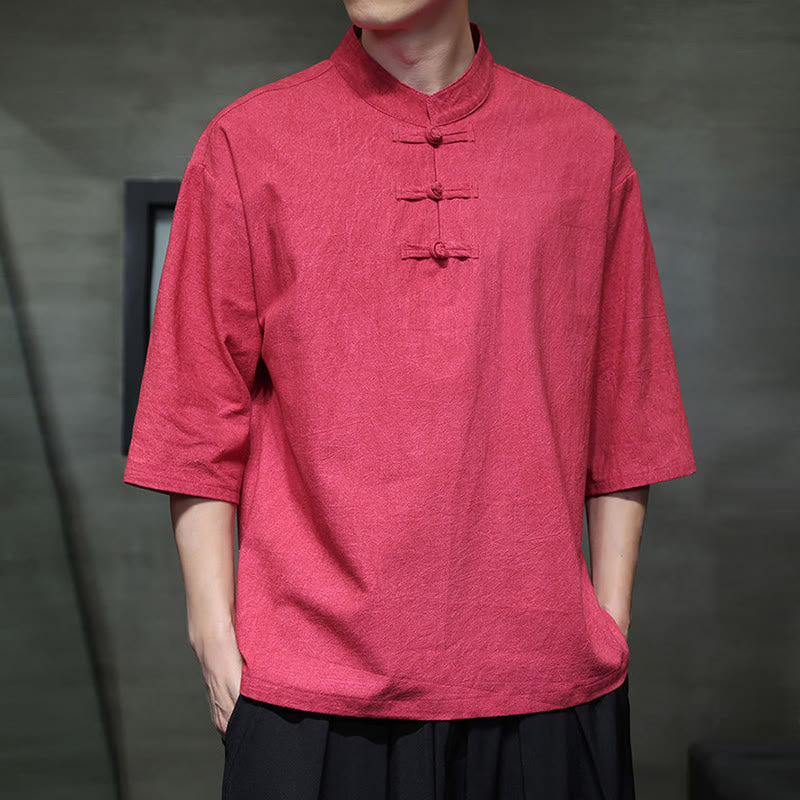 Cotton Linen Half-Sleeve Stand Collar Meditation Shirt
