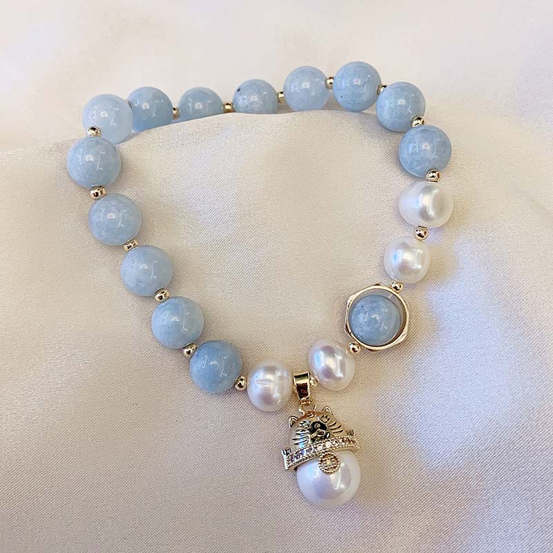 Aquamarine and Pearl Lucky Cat Charm 8mm Beaded Elastic Bracelet