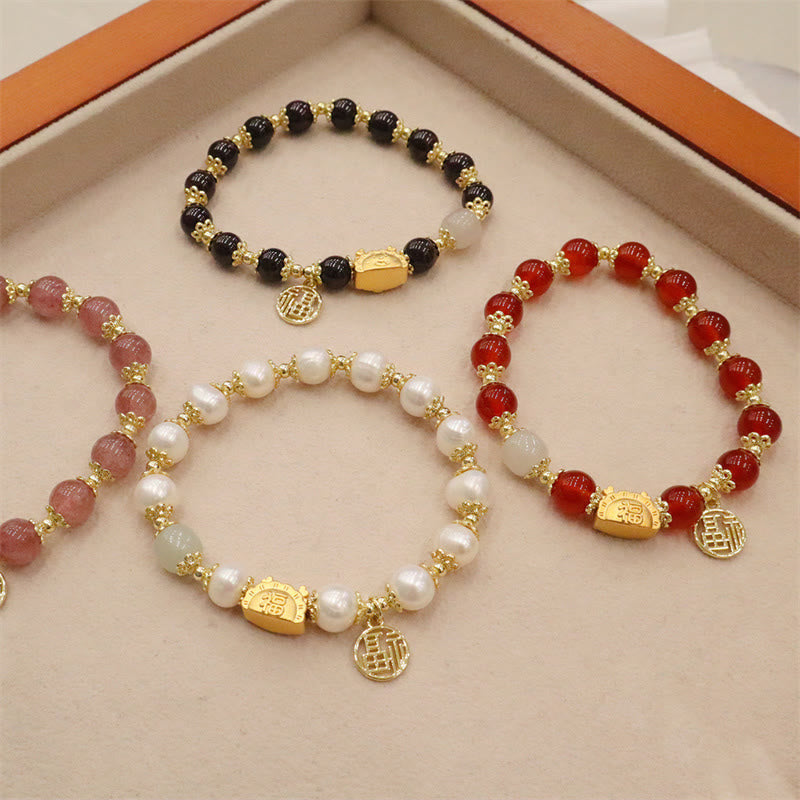 Year Of The Dragon Red Agate Strawberry Quartz Black Obsidian Jade Garnet Pearl Cinnabar Dumpling Dragon Luck Fu Character Bracelet