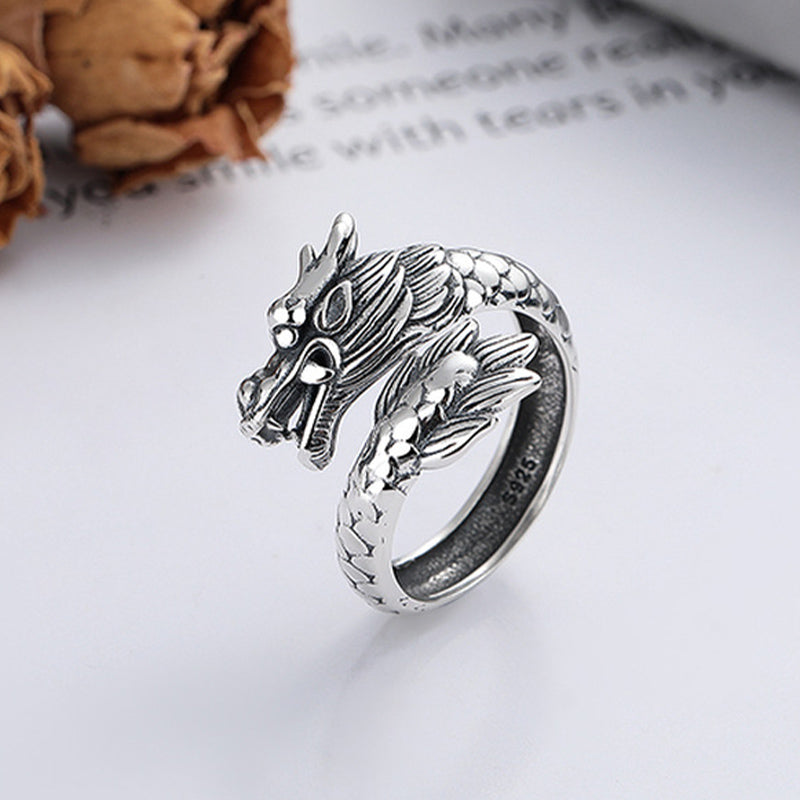 925 Sterling Silver Year Of The Dragon Luck Strength Adjustable Metal Ring