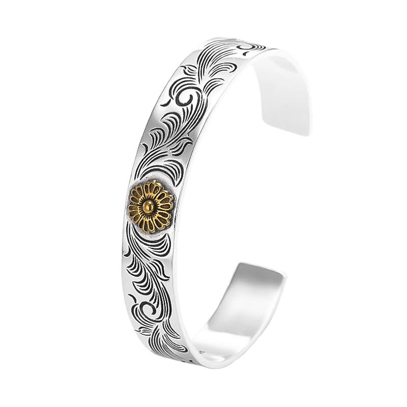 Carved Copper Tang Dynasty Floral Bangle with Lotus Rose and Feather Detail