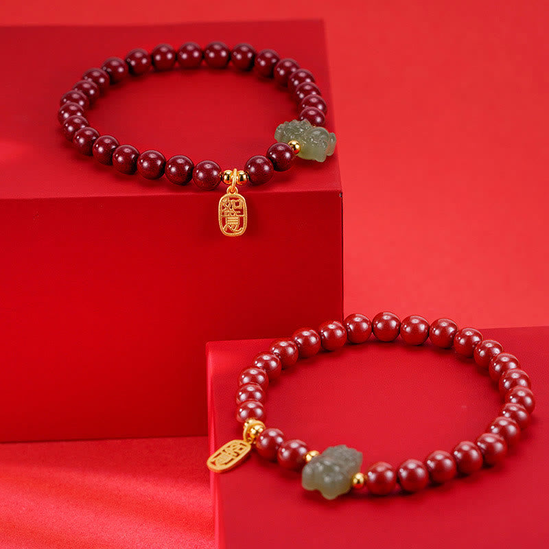 925 Sterling Silver Year of the Dragon Natural Cinnabar Hetian Jade Dragon Fu Character Ruyi As One Wishes Charm Blessing Bracelet