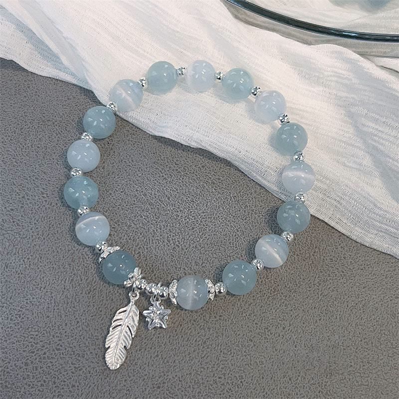 925 Sterling Silver Aquamarine Cat's Eye Healing Feather Star Charm Bracelet