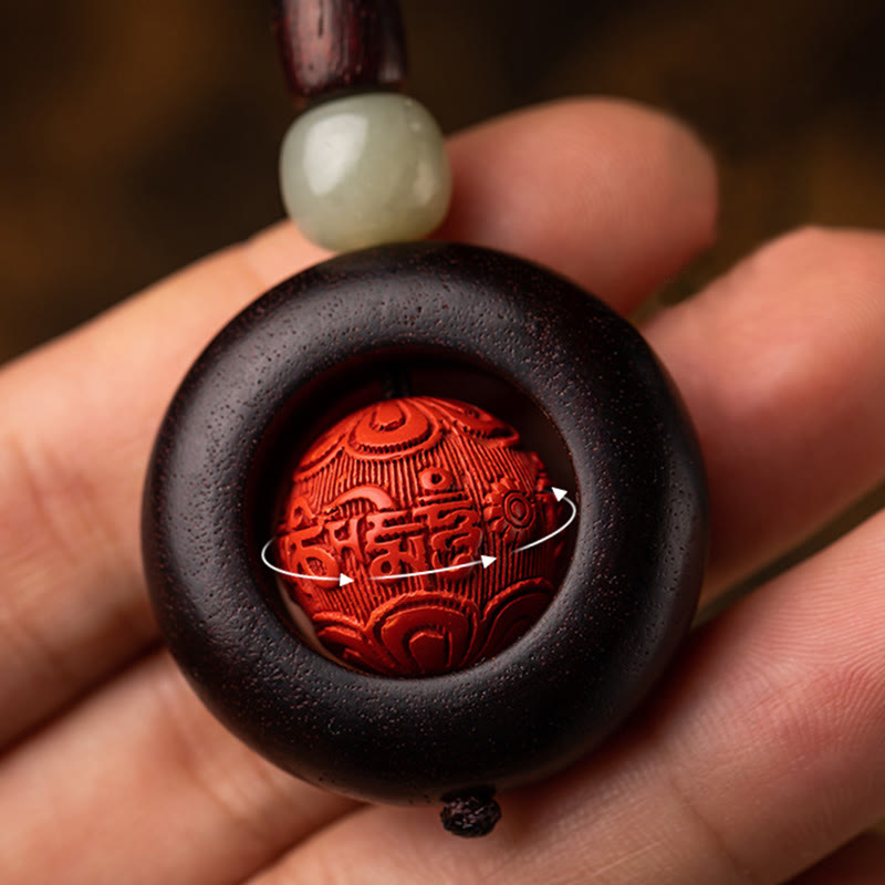 Red Sandalwood & Jade Cinnabar Keychain with Om Mani Padme Hum, Pixiu, or Copper Coin