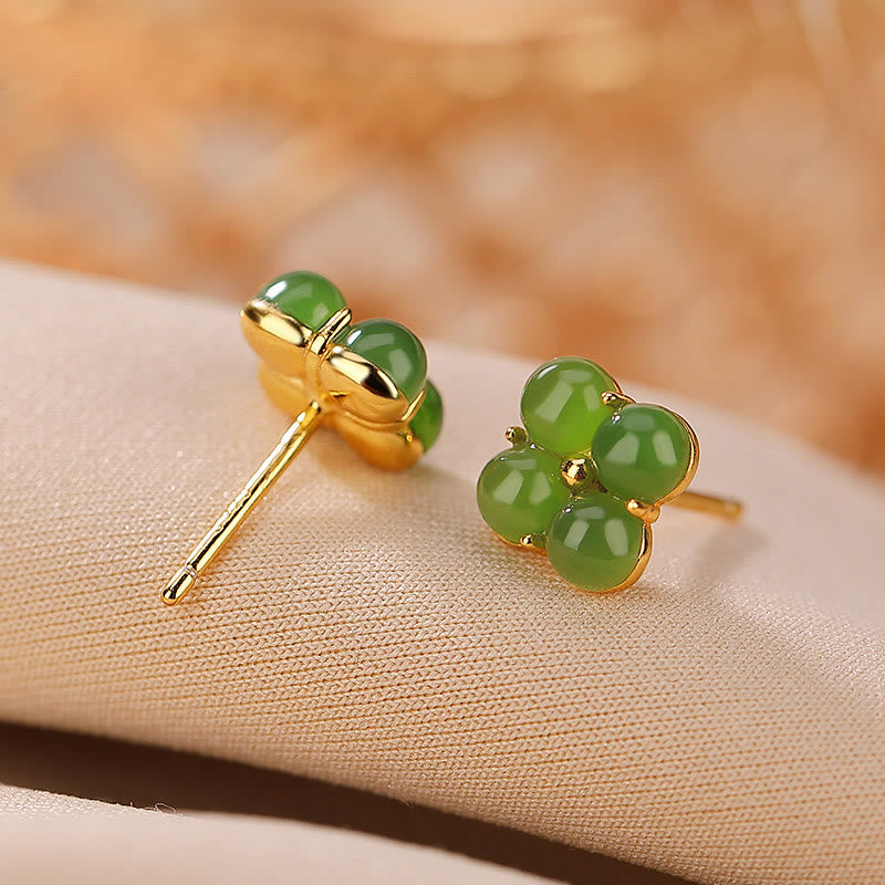 Handcrafted Natural Cyan Jade and Gold Plated 925 Sterling Silver Clover Stud Earrings