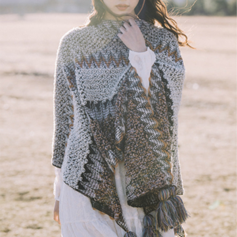 Tibetan Shawl Gray Brown Striped Knitted Tassels Winter Cozy Travel Scarf Wrap