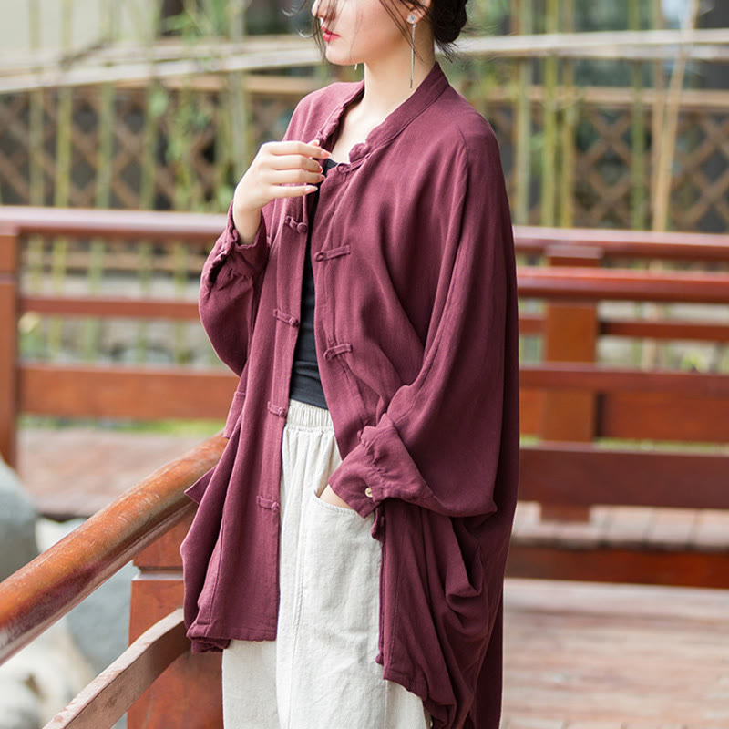Frog-Button Long Sleeve Zen Meditation Open Front Jacket With Pockets