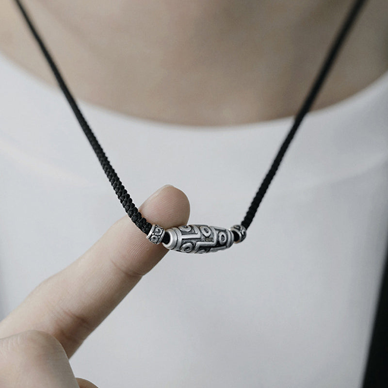 999 Sterling Silver Nine-Eye Dzi Bead Pattern Protection Rope Necklace Pendant