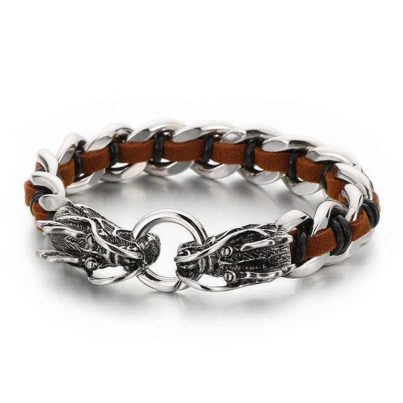 Masculine Dragon Braided Leather and Titanium Steel Bracelet