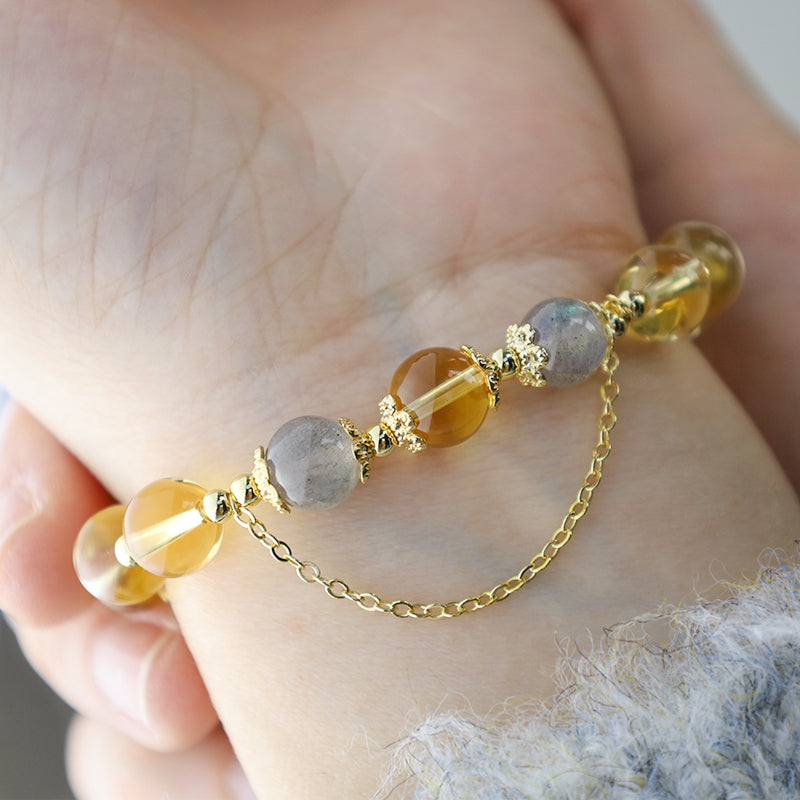 Citrine Moonstone Sunstone Celestial Moon Charm Gemstone Bracelet