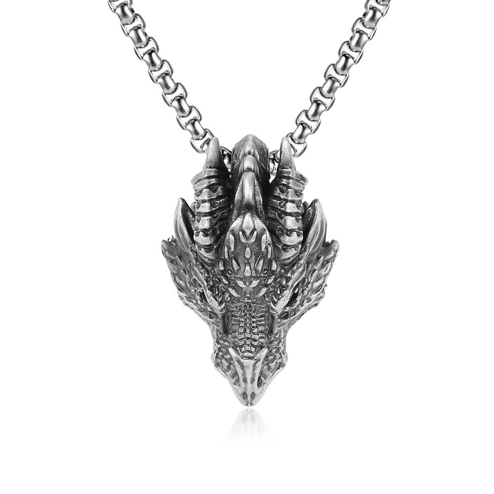 Pure Tin Dragon Head Luck Protection Metal Necklace Pendant