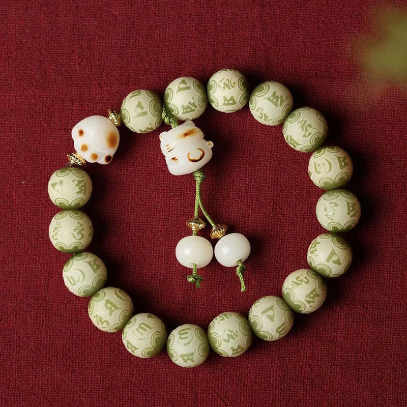 Green Bodhi Seed Om Mani Padme Hum Engraved Cat Paw Bracelet