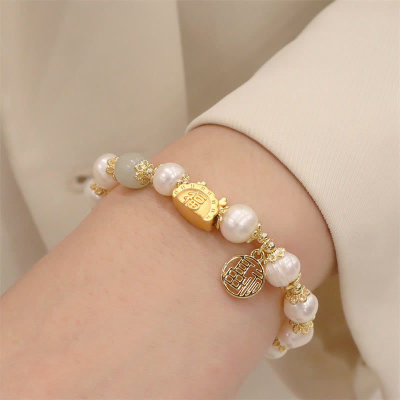 Year Of The Dragon Red Agate Strawberry Quartz Black Obsidian Jade Garnet Pearl Cinnabar Dumpling Dragon Luck Fu Character Bracelet