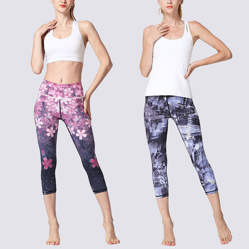Breathable Sakura Print Mindful Movement Yoga Capri Pants