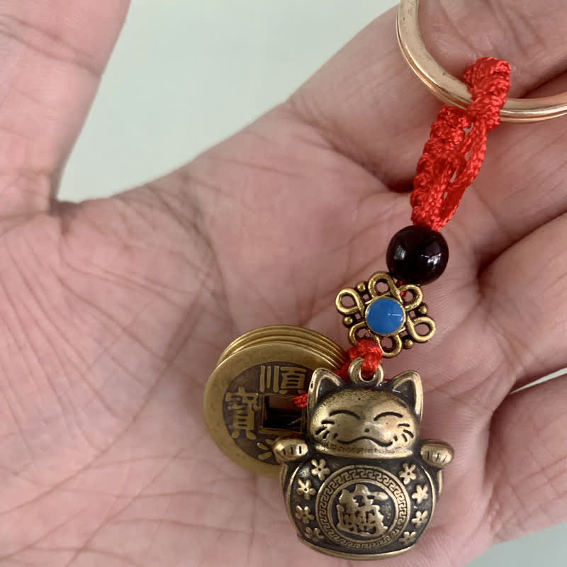 Feng Shui Five Emperor Coins Lucky Cat Money Wealth Keychain