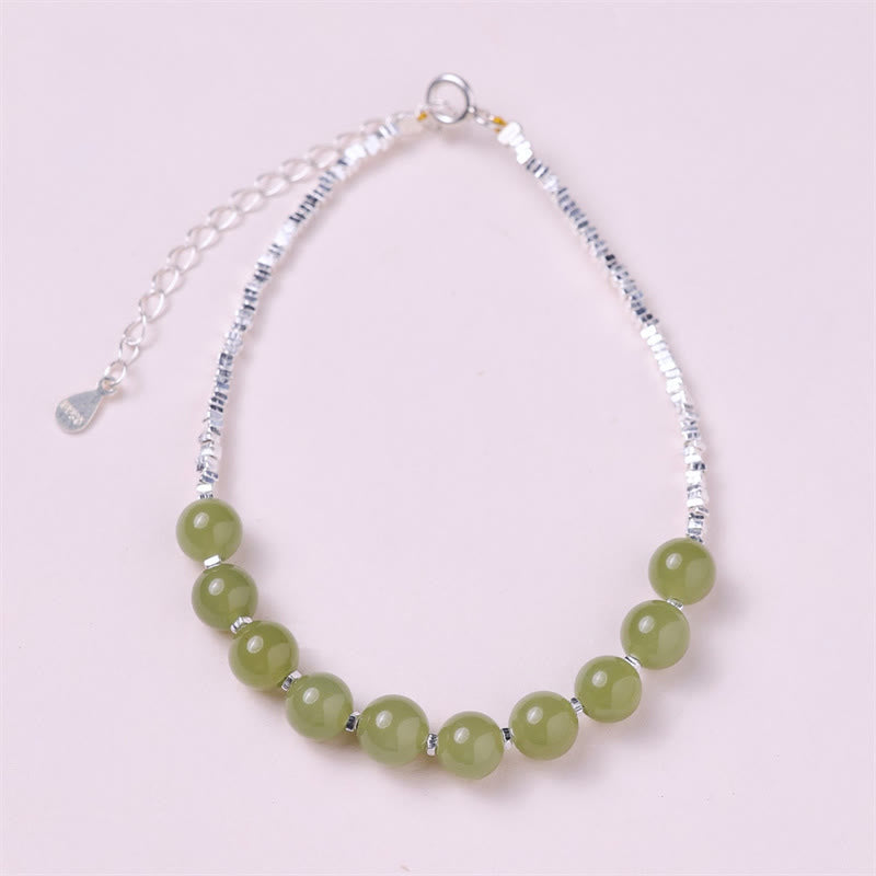 Exquisite 925 Sterling Silver Hetian Jade Bead Chain Bracelet
