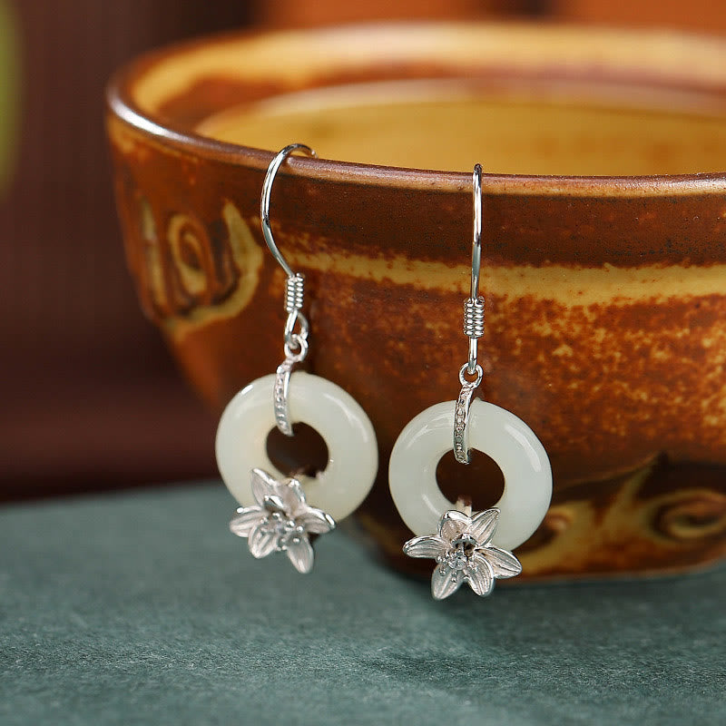 925 Sterling Silver Hetian Jade Peace Buckle Orchid Prosperity Earrings