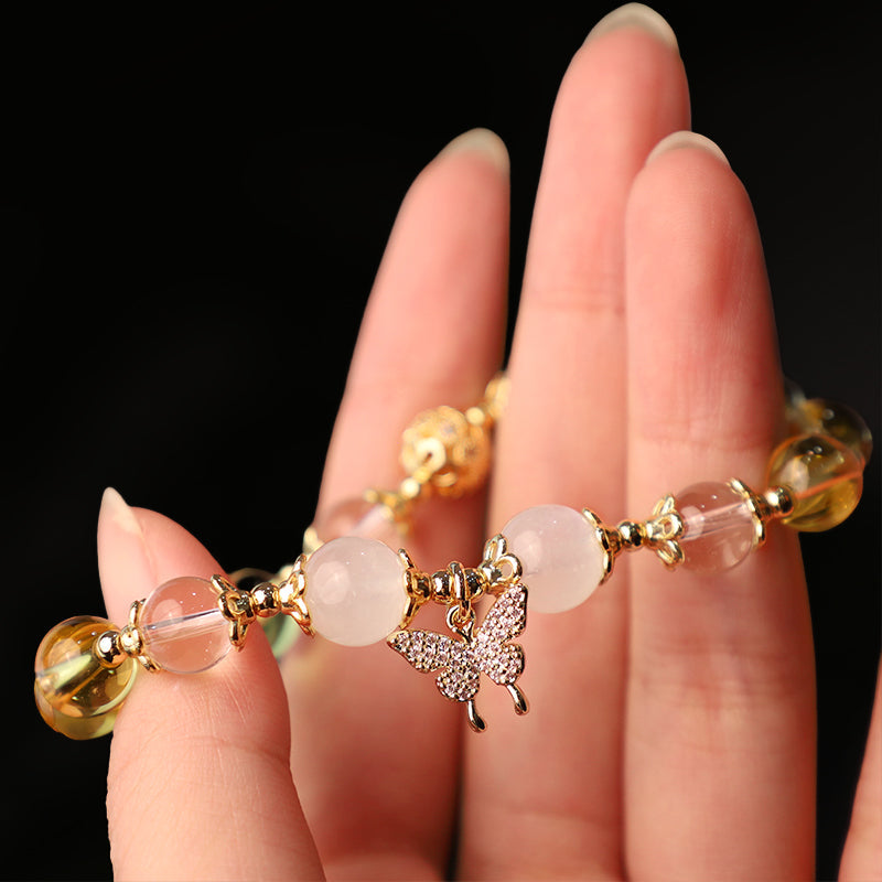 Citrine Moonstone & Clear Quartz Butterfly Charm Beaded Bracelet