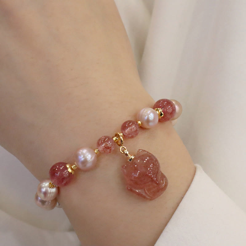 Natural Pearl Strawberry Quartz Cute Fox Love Healing Charm Bracelet