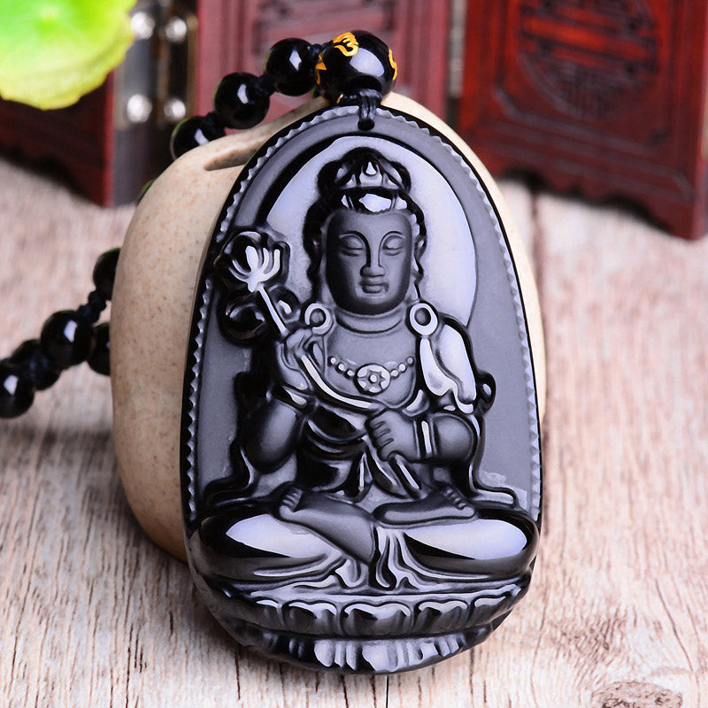 Chinese Zodiac Obsidian Buddha Amulet Protection Pendant Necklace