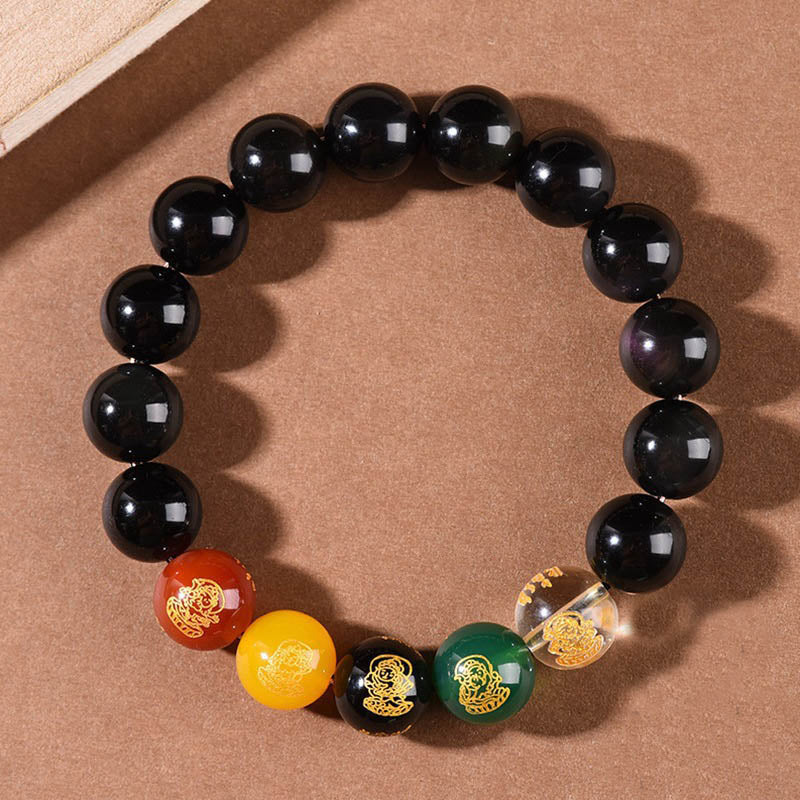 Gold Sheen Obsidian Rainbow Obsidian Black Obsidian Five Directions Gods of Wealth Bracelet