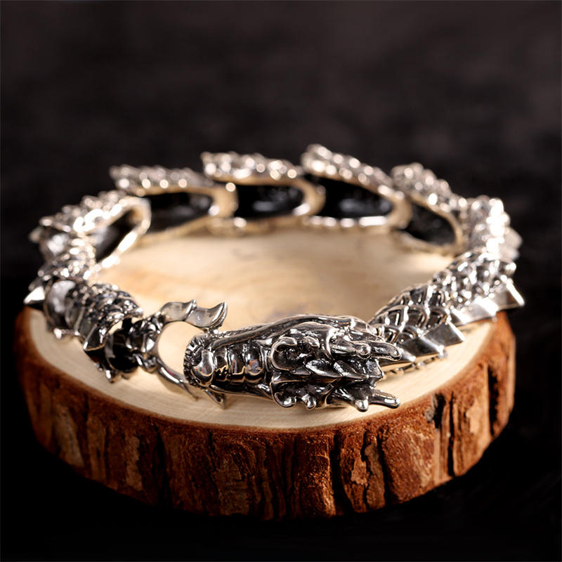 Handcrafted 925 Sterling Silver Dragon Motif Open Bangle Bracelet