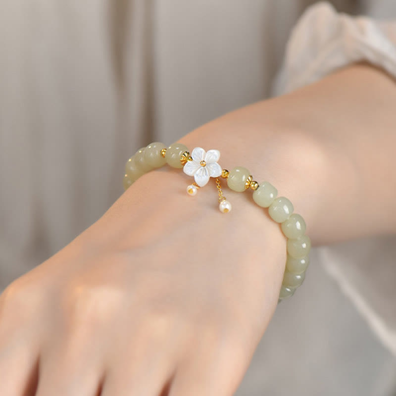 925 Sterling Silver Natural Hetian Jade Luck Flower Bracelet